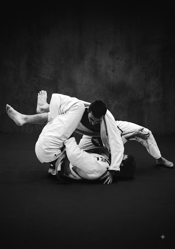Instrutor demonstrando técnica de Jiu-Jitsu no tatame